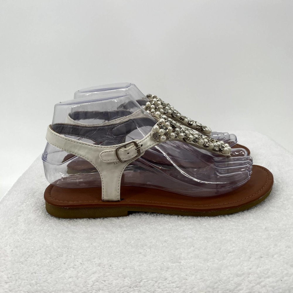 Palms Flat Thong Sandals w/ Faux Pearls & Crystals Size 5
